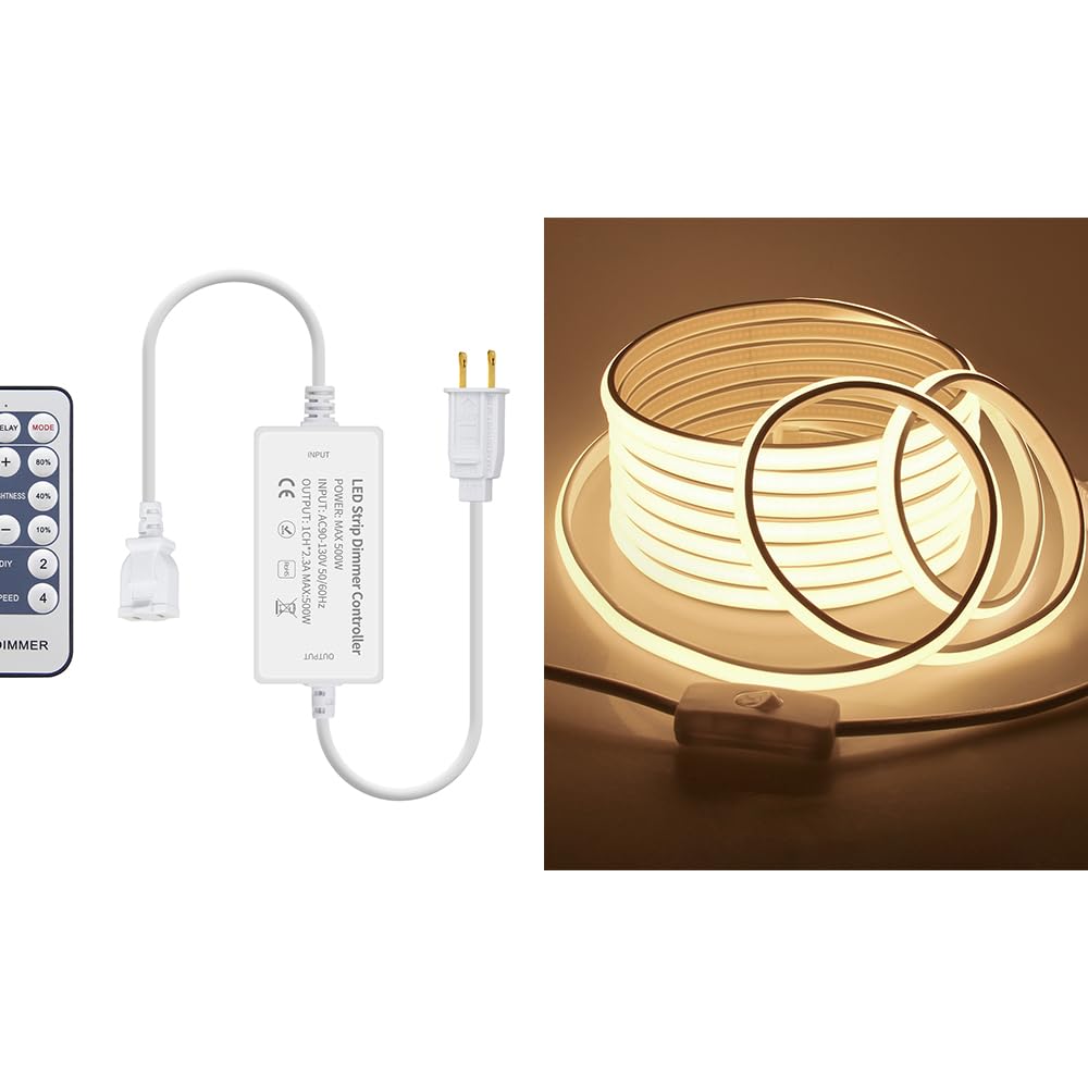 Samsion16.4FT COB LED Strip Lights 3000K Warm White Led Rope Lights+Dimmer Controller for Single Color AC 110V-130VCOB LED Rope Lights