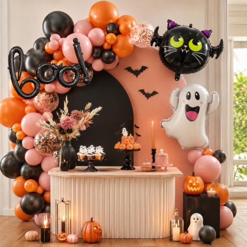 Image of Halloween Balloon Arch Kit, Halloween Dusty Pink Orange Black BOO Balloons