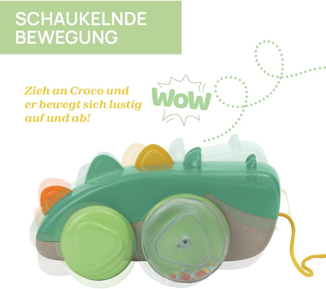 Chicco, Crocodile Pull Along Eco+, Pull Along Toy, 50 cm Long Rope, Wheels with Balls, Tumbling Movement, Recycled Plastic, Made in Italy, Children's Toy from 12-36 Months