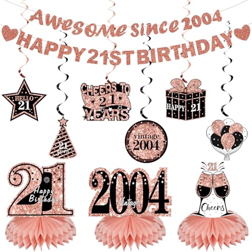 Kuxriox 11Pcs 21st Birthday Decorations Kit for Women, Rose Gold Happy 21st Birthday Banner, Awesome Since 2004 Centerpieces Swirls Party Supplies, Twenty-One Bday Banner Ceiling Table Topper Sign