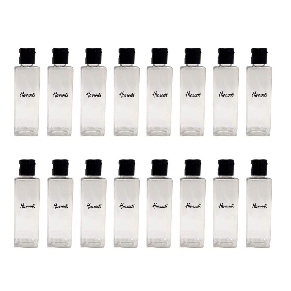HARRODS Empty Square Clear Plastic Bottles Refillable Travel Size Cosmetic Travelling Containers Small Leak Proof Squeeze Bottles with Black Flip Cap for Toiletries, Shampoo - 100ml Pack of 16-image-47