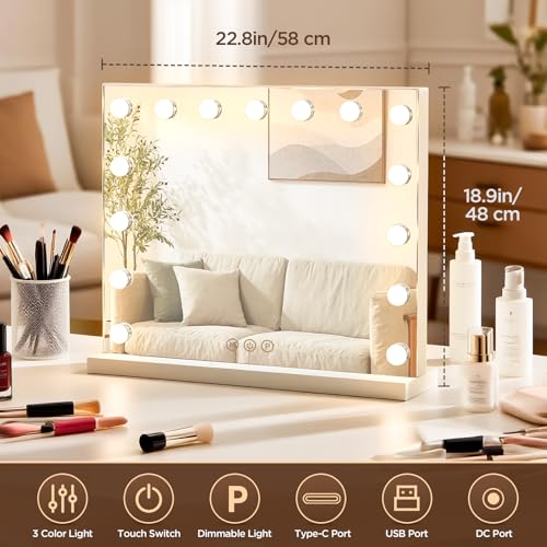 FIBRAVE Hollywood Vanity Mirror with Lights, 23"x18" Lighted Makeup Mirror for Desk/Wall Mount with 15 Led Bulbs, 3 Lighting Modes for College Dorm, Bedroom & Dressing Room (Squarewhite) - Cosy Home Interiors FIBRAVE Hollywood Vanity Mirror with Lights, 23"x18" Lighted Makeup Mirror for Desk/Wall Mount with 15 Led Bulbs, 3 Lighting Modes for College Dorm, Bedroom & Dressing Room (Squarewhite) - Image 2
