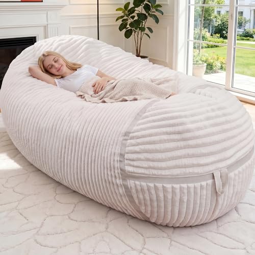 Image of 6FT Bean Bag Chair 6'Giant Bean Bag Chairs with Adults, Large Beanbag Chair | Bean bag Lounger with Machine Washable Cover Corded Plush Fabric, Comfy Chairs for Living Room Bedroom Dorm, Beige