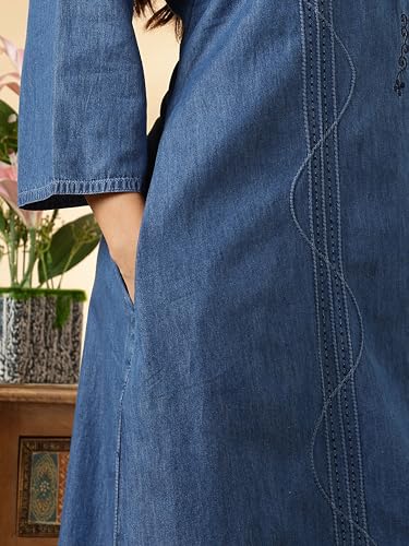 Image of 9shines Label Comfortable Cotton Denim Finish Nightdress for Women with Button Placket and Pocket(9SDLSS)