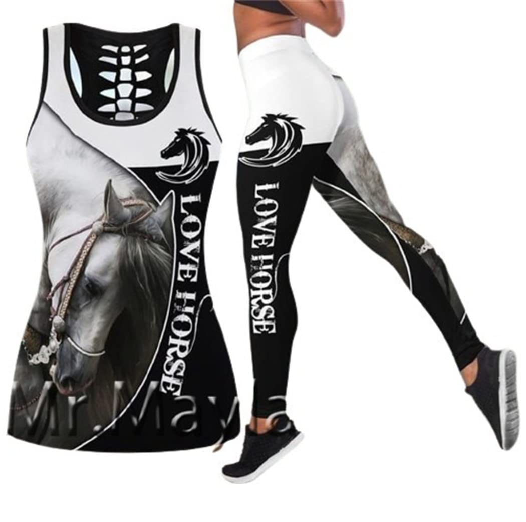 3D gedrucktes Hirsch Liebe Pferd Hohl Tanktop Frauen Sexy Weste Mädchen Tank Tops Yoga Leggings Set, Tanktops und Leggings, 36