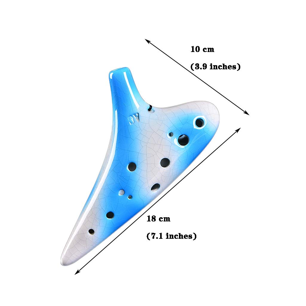 ocarina, Ocarina in argilla contralto Do a 12 fori, sfumata blu e bianca, incrinata
