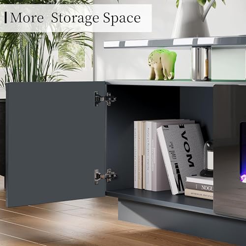 Image of AMERLIFE 80 inch High-Gloss Fireplace TV Stand with 40 inch Electric Fireplace | Gray /Black LED TV Console, Modern Living Room Entertainment Center, Fits TVs up to 90 inch, 2 Cabinets, 2-Tier Storage Space