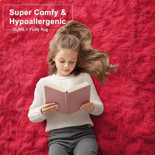 OLANLY 2x5 Machine Washable Runner Rugs for Hallway, Soft Fluffy Shaggy Bedside Rugs for Bedroom, Living Room, Indoor Floor Carpet for Kids Girls and Boys, Nursery Rooms, Home Decor Aesthetic, Red