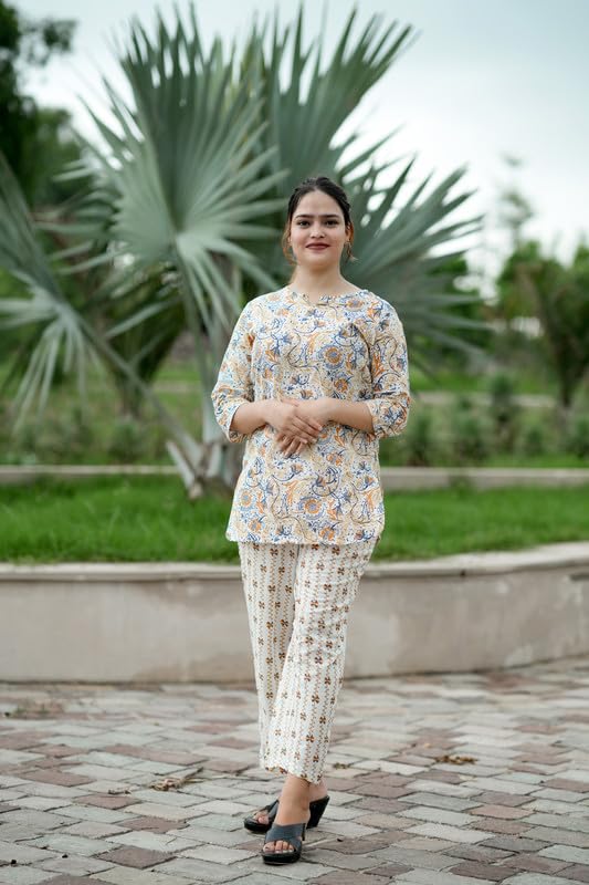 Image of Pure Cotton Printed Night Suits Set for Women | V Neck Night Wear Top and Pyjama Set for Girls