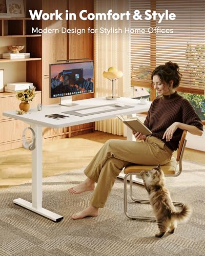 Image of FLEXISPOT EN1 One-Piece Standing Desk, Electric Adjustable with 4 Memory Presets, 176 LBS Capacity, Stable & Quiet, Seamless Desktop for Home Office & Dual Monitors, 48 inchx30 inch White(White Frame)