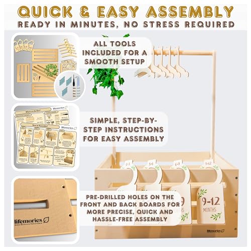Image of Wooden Baby Shower Crate Closet with Clothes Hangers & Dividers, Large Gift Basket for Boys & Girls, Wood Box Storage & Display with Handles & Ivy Garland, Welcome Gifts for New Parents.