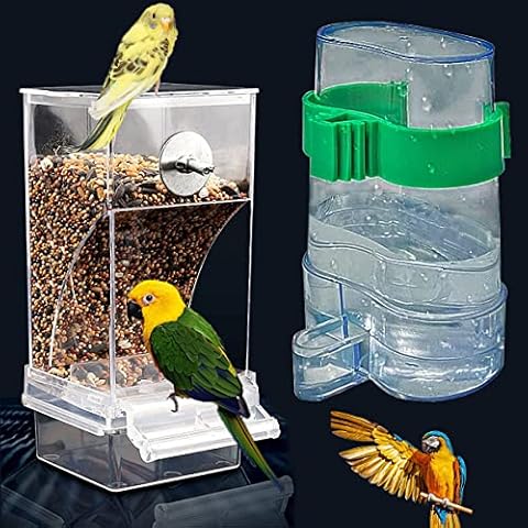 Kenond No Mess Bird Feeder Water Dispenser Set, Automatic Parrot Feeder Cage Accessories, Acrylic Parakeet Seed Food Feeder Drinker for Cage, Cockatiel Squirrel Finch Lovebirds Budgies Canary Cover