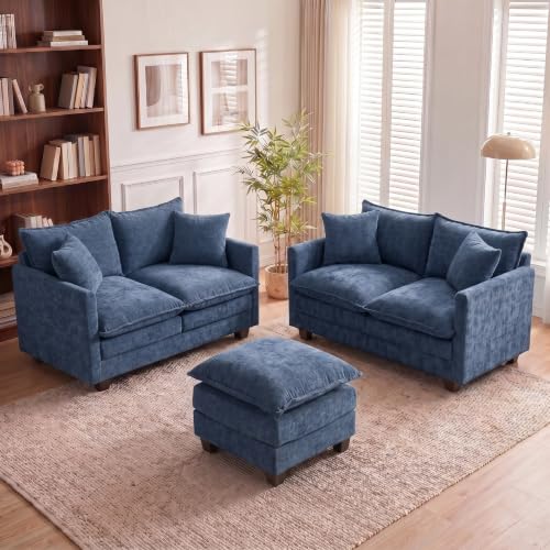 Image of 50'' Loveseat Sofa Set with Ottoman, Small Couch Set 2 Piece Cloud Love Seat 27 inch Deep Seat Washable Pillows Couches for Small Spaces Apartment Living Room, Blue