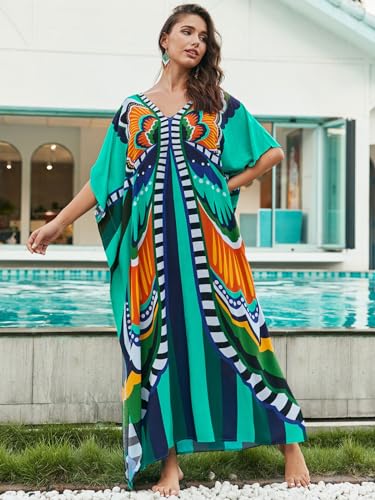 Image of IMAGEKOPE Women's Plus Size Loose Fit Moroccan Print V-Neck Batwing Kaftan Beach Dress Bathing Suit Cover Up