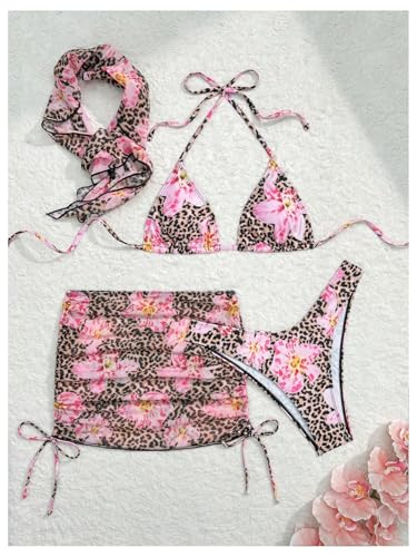 Women's 4 Piece Leopard Floral Swimsuits High Cut String Bikini Set with Skirts and Headband3