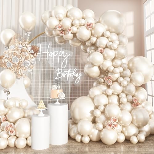 Pearl White Sand Balloons Pearl Beige Balloons Garland Arch Double-Stuffed White Balloon Different Sizes 18/12/10/5inch 61pcs Ivory Cream Balloon for Wedding Birde to be Birthday Anniversary Decor