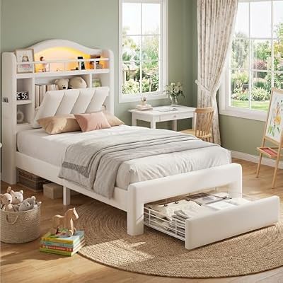 Beige Twin Size LED Bed Frame with Storage Headboard, Upholstered Velvet Princess Bed for Girls with 5 Charging Ports (USB-C & AC), Hidden Privacy Compartment, Sturdy Aluminum Frame & 1 Silent Drawers