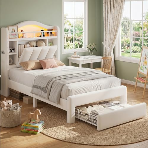 Beige Twin Size LED Bed Frame with Storage Headboard, Upholstered Velvet Princess Bed for Girls with 5 Charging Ports (USB-C & AC), Hidden Privacy Compartment, Sturdy Aluminum Frame & 1 Silent Drawers