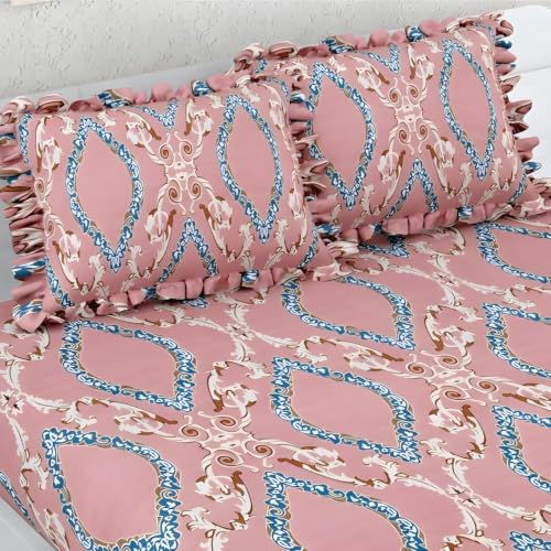 Image of King Size Fitted Bedsheet for Double Bed | 300 TC Cotton Feel Microfiber | All Around Elastic with 2 Frill Pillow Covers | Soft & Durable | (PinkEkaFrill, Fitted - 72 x 78 Inch King)