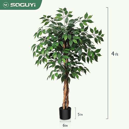 Soguyi PART_B0BXS3NLWV 4Ft Artificial Ficus Tree With Natural Wood Trunk, Silk Fake Ficus Tree In Plastic Nursery Pot, Faux Plant For Office Home, Indoor Outdoor Decor thumb #5