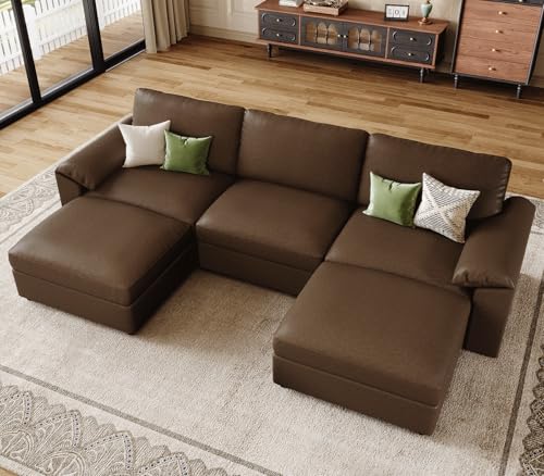 Image of EASE MOOSE Deep Seat Sectional Couch, Scratch Resistant Faux Leather Material, 5-Seat Oversized Modular Sofa for Living Room,U Shaped Classic Comfy Sofas for Living Room,Deep Brown