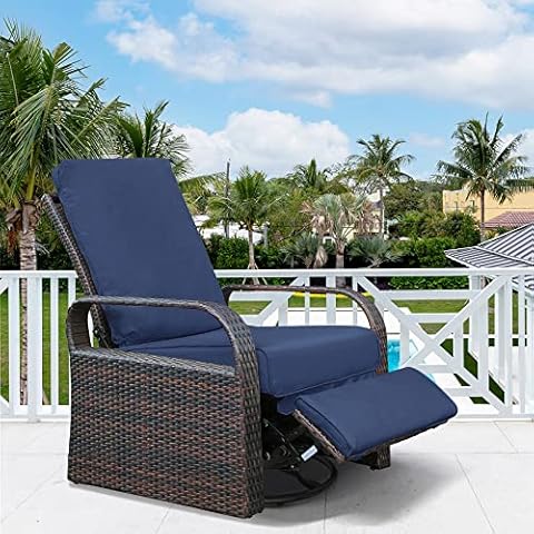Skypatio Outdoor 360° Swivel Rattan Recliner Chair, Adjustable Backrest Patio Wicker Recliner Lounge Chair with Comfortable Cushions, All-Weather Resin Rattan & Aluminum Frame(Navy Blue) Cover