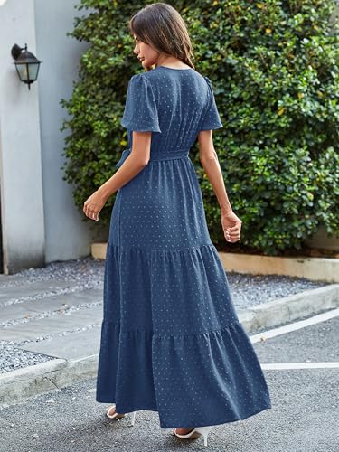 Image of MASCOMODA Women Boho Swiss Dot Maxi Dresses Wrap V Neck Flutter Short Sleeve Solid Tie Waist A Line Tiered Flowy Long Dresses