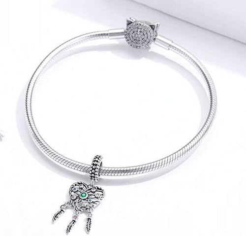 Miniatura 3 de Abalorio de atrapasueños de plata de ley 925 con cuentas de plumas y flores para mujer (atrapasueños de amor), Plata esterlina