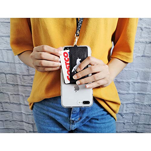 Image of Tainada Stick On Wallet with Detachable Neck Lanyard, Adhesive ID Credit Card Cash Holder with Faux Leather Animal Silhouette Compatible with Most Cell Phones + One Cord Wrapper (Black Unicorn)