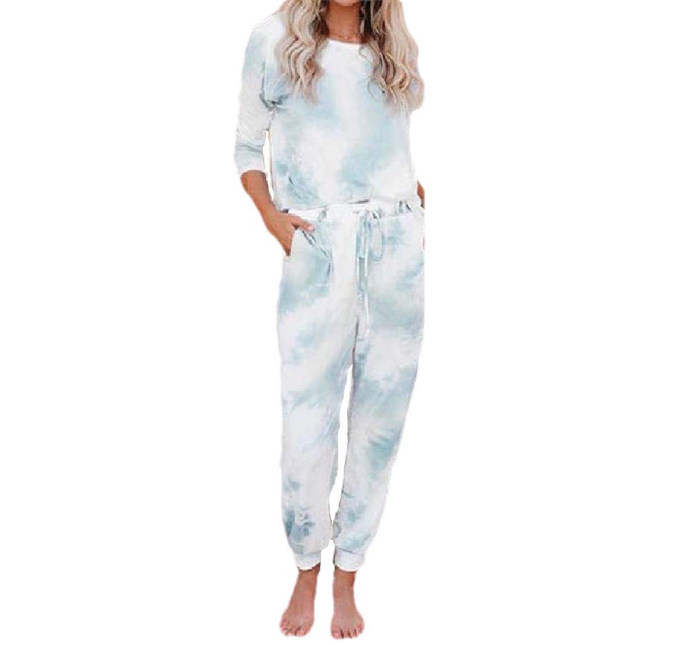 ComabaWomen's Workout Tie-Dye Drawstring 2 Piece Set Lounge Sport Tracksuit Sky Blue M