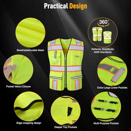 Image of Class 2 Safety Vest with Zipper Front and multiple Pockets, High Visibility Vest, Meets ANSI /ISEA Standards