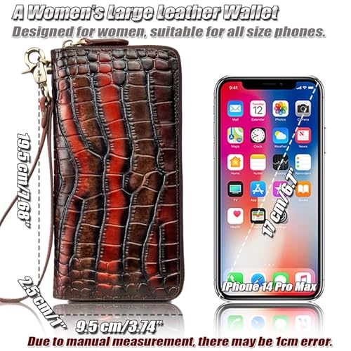 Handmade Crocodile Print Cowhide Wallet for Women, Vintage Multi-color Wristlet Clutch, Lady Zip Around Phone Purse(Black/Red)3