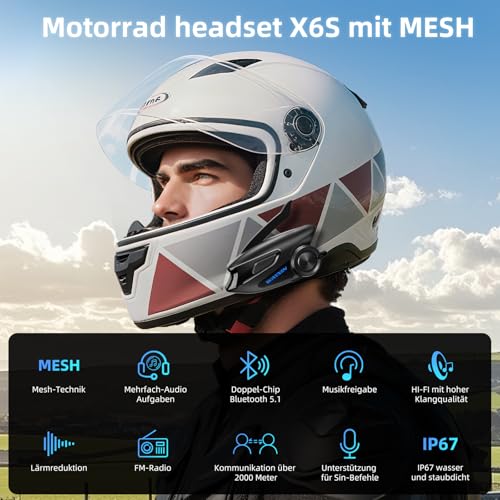 Intercom de moto en maille X6S pour casque audio multitâche avec double puce