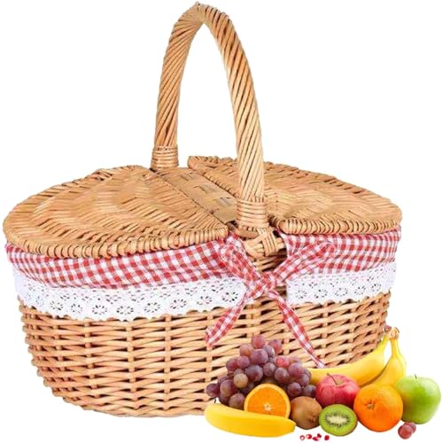 Cesta de Picnic de Mimbre Estilo Campestre con Tapa Ovalada y Forro Rojo, Asa Resistente y Forro Extraíble, Cesta de Almacenamiento para Picnic, Fiestas, Barbacoas y Camping DecoracióN del