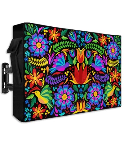 Outdoor TV Cover 30 to 32 Inch Colorful Mexico Style Abstract Flower Floral Leaves Bird Waterproof Weatherproof Outside Zipper TV Screen Protector Flat Television Covers with Remote Control Pocket