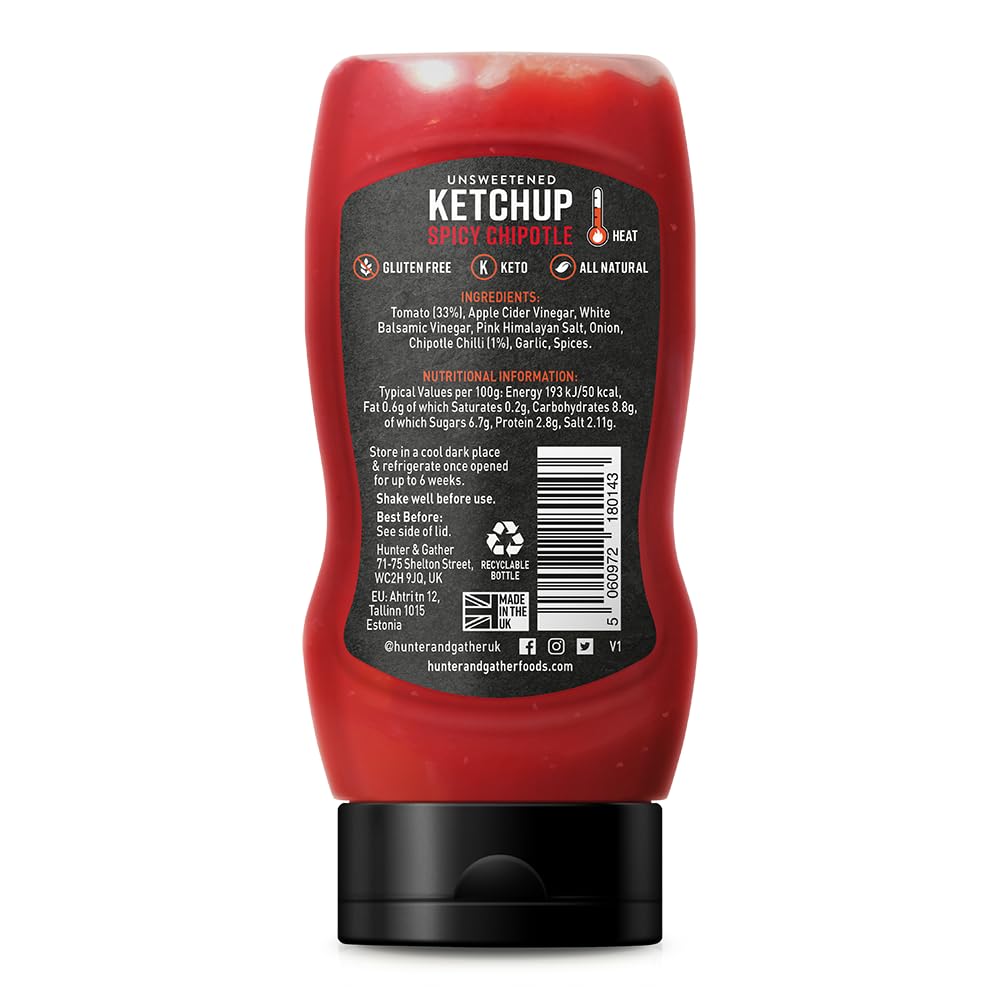 Ketchup Épicée au Chipotle non Sucrée 350g | Céto, Paléo, Faible Teneur en Glucides et Végétalien | Sans Sucre ajouté ni édulcorants