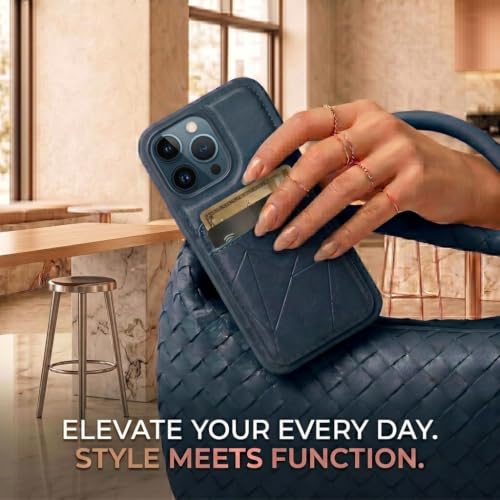Image of amazon basics Premium Vegan Leather Back Cover with Card Holder and Integrated Mobile Stand for iPhone 14 Pro Max - Slim Shockproof Wallet Case with Geometric Stitching [Blue]