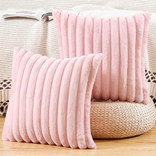Madizz Lot de 2 Housses de Coussin en Peluche en Fausse Fourrure Housse de Coussin décorative Douce à Rayures moelleuses pour Coussin de Chambre à Coucher...