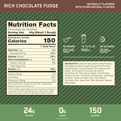 Image of Optimum Nutrition Gold Standard 100% Plant Based Protein Powder, Gluten Free, Vegan Protein for Muscle Support and Recovery with Amino Acids - Rich Chocolate Fudge, 20 Servings (Packaging May Vary)