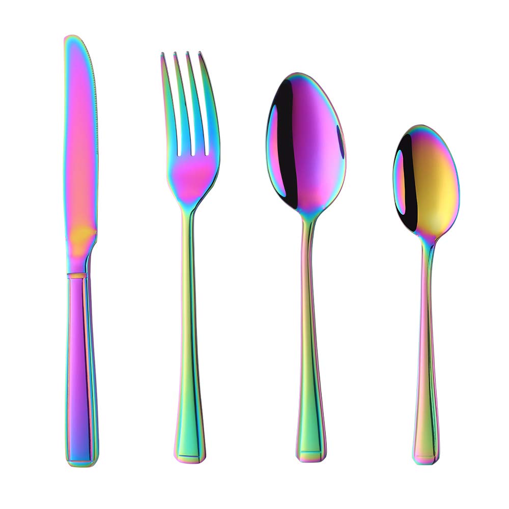 Buyer Star Set da 16 posate arcobaleno in acciaio inox con manico iridescente, set di coltelli e forchette per 4, elegante set di posate per la vita