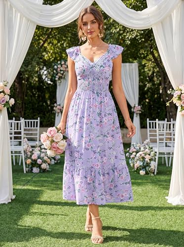 Image of GRACE KARIN Women's Summer Floral Maxi Dress 2026 Ruffle Sleeve Smocked Sundress Flowy Wedding Guest Long Dresses with Pocket