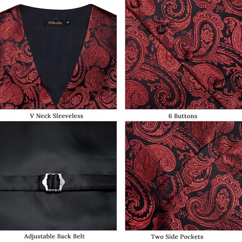 Image of DiBanGu Mens Vest and Tie Set Formal Paisley Waistcoat and Necktie Pocket Square Cufflinks Silk Suit Vest for Tuxedo Wedding