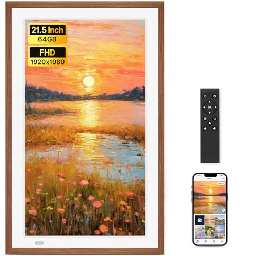 Uhale 21.5' Large Digital Picture Frame WiFi Wood with Remote Control, 1920 x 1080 FHD IPS No Touch Screen Electronic Photo Frames Wall Mount with 64GB, Support SD USB, Share Photos Videos Instantly