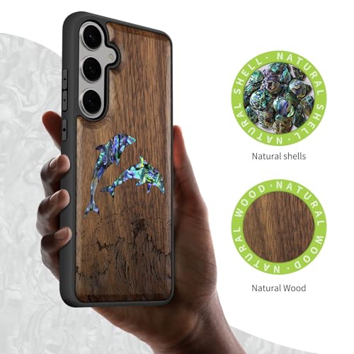Coque Galaxy S25 gravure bois et incrustation coquille de noyer