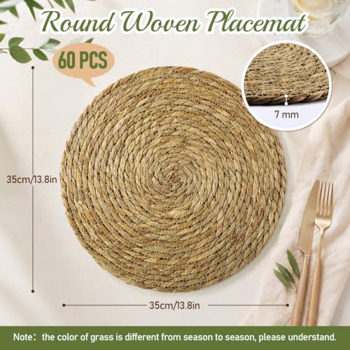 Image of Colingmill 60 Pcs Round Woven Placemats Bulk, Natural Rattan Wicker Chargers, Farmhouse Boho Straw Place Mats for Wedding Home Dining Party Table Decor Water Hyacinth Braided Placemat (13.8 Inch)