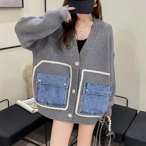 Image of FindThy Women's Casual Button Up Cardigan Oversized Long Sleeve Jean Patchwork Sweater Cardigans