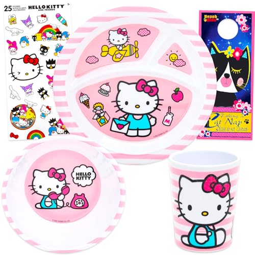 Hello Kitty Dinnerware Set for Girls - Kitchen Accessories Bundle with Dinner Plate Bowl Cup Stickers and More | Hello Kitty Plate Set for Kids