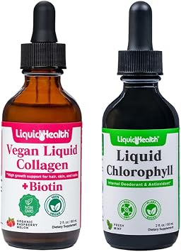 LIQUIDHEALTH Vegan Liquid Collagen Plus Biotin & Liquid Chlorophyll Dropper Bundle - Hair & Nail Growth, Skin Health, Internal Deodorizer, Stops Bad Breath, Reduces Appetite - USA Made, Vegan, Non-GMO