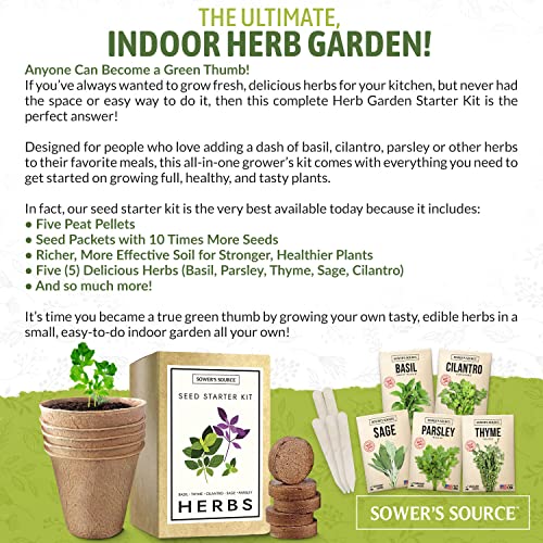 Indoor Herb Garden Starter Kit - Kitchen Herb Garden - Seed Packets, Pots, Markers, Soil Mix - Fresh Basil, Cilantro, Parsley, Sage, Thyme Plant Kit for Adults and Kids - Non GMO