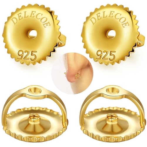 DELECOE 14K White Gold Plated Secure Screw Earring Backs Replacement for Diamond Earring Studs 925 Sterling Silver Locking Screwbacks Hypoallergenic for Threaded Post (0.032) 2 Pairs